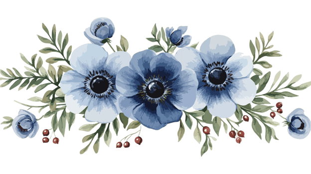 Watercolor blush blue flowers with green leaves and small red berries png