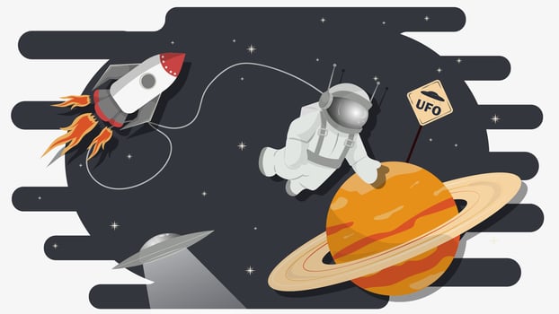 An astronaut on a cable in outer space against the background of a planet with rings flat childrens doodles vector