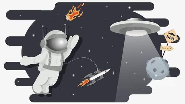 An astronaut in outer space welcomes flying UFOs flat childrens doodles vector