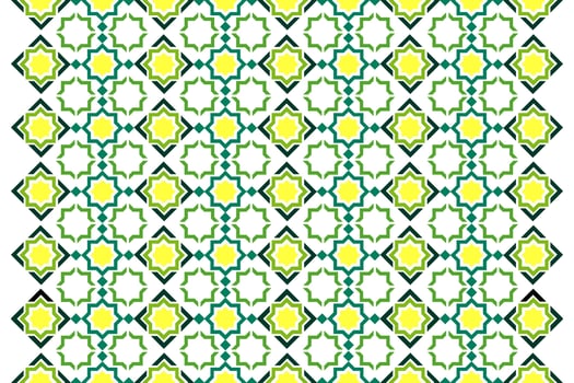 Seamless geometric pattern with yellow and green stars on a white background islamic. Perfect for wallpaper, textile, and graphic design. vector