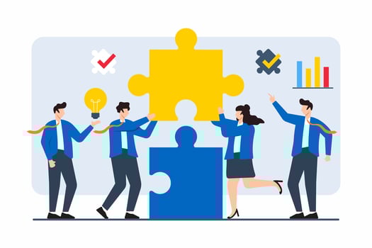 Flat illustration of team lifting giant puzzle piece to complete strategic business solution vector