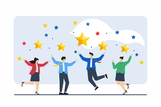 Flat illustration of professionals catching falling stars, symbolizing capturing business opportunities vector