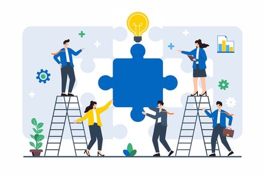 Flat illustration of team guiding large puzzle piece into place, symbolizing completing business strategy vector