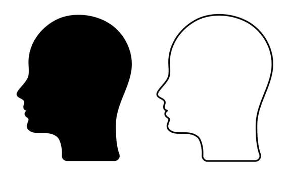 Human head profile icon. Black shadow, silhouette of a person's face, black and white avatar of a person. Head outline. vector