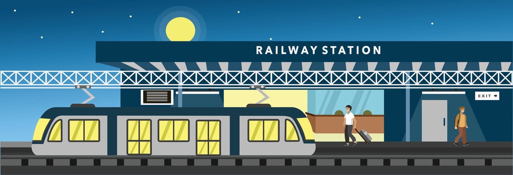 Tram city transport at night. Railway station at night. Train station at night. vector