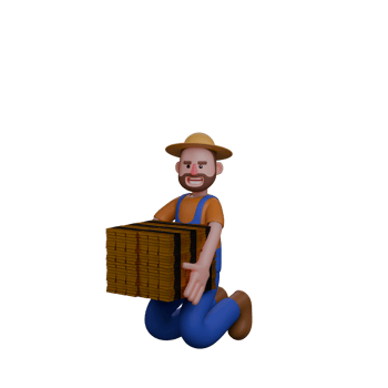 3D Animated Farmer. A farmer knelt down holding a pile of wooden blocks in his hands. Male Agricultural Figure png