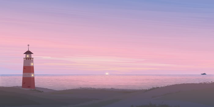 Minimalist seashore landscape with lighthouse at sunset flat design graphic illustration. Coastline with beacon have twilight sky background. vector