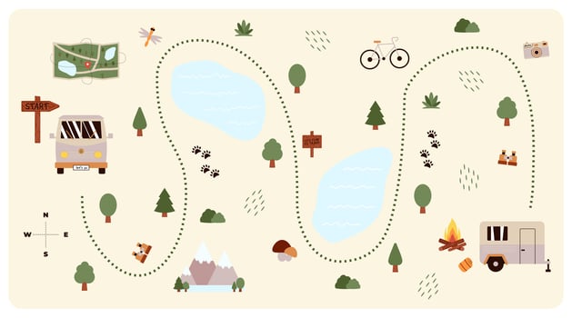 Camping and Hiking map creator. Set of flat elements for constructing childrens camp activity. Nature plan with mountains, lakes, car, trees and other icons for summer trip. illustration vector
