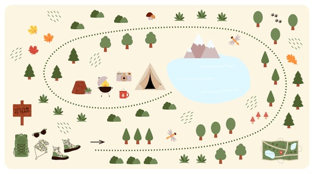 Camping and Hiking map creator. Set of flat elements for constructing kids camp activity. Nature plan with mountains, lake, trees and other icons for summer trip. illustration vector