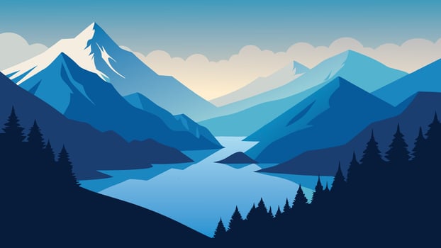 Panoramic view of majestic mountains and serene water from an elevated vantage point, showcasing nature's beauty flat illustration vector