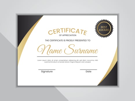 Black and gold certificate template with badge. vector