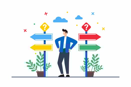 Flat illustration of man standing at crossroads with multiple signposts symbolizing career choices and life directions vector