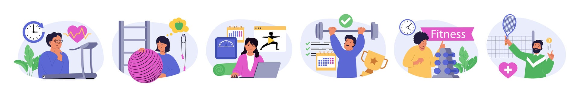 Fitness concept set in flat design for web. Collection with people doing cardio training at treadmill, exercising with gym ball, lose weight, lifting barbell, playing tennis. illustration. vector