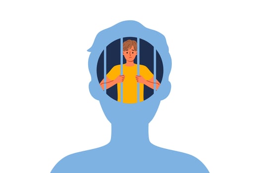 Man hostage to own psychological trauma, sits in prison inside head and needs psychotherapist vector
