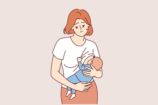 Postnatal depression in frustrated mother who is breastfeeding and forced to raise child alone vector