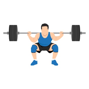 Man doing squats with barbell on neck back. vector