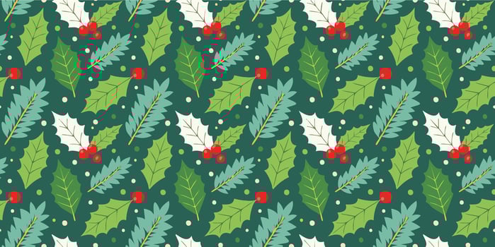 Seamless pattern with christmas leaves and cherry. Perfect wreath for merry xmas and new year wallpaper, wrapping paper, web sites, background, social media, blog, presentation and greeting cards. vector