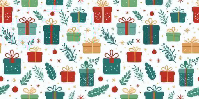 Surprise gift boxes seamless pattern. Present for Christmas, birthday, holidays. Golden, red and green containers tied with a ribbon. Flat design background. vector