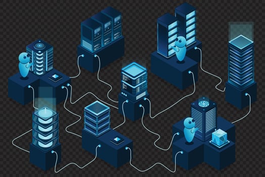 3d isometric concept big data center with server. Cloud computing. Network mainframe infrastructure. Isometric high technology concept vector