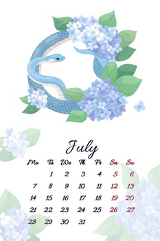 July serpent calendar with summer inflorescences hydrangea illustration template for 2025 Year of Snake Flowers composition with symbol of the Chinese new year. Typography for print vector