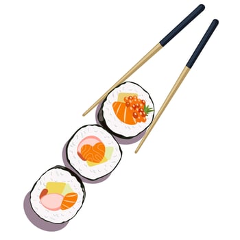 Sushi Japan Food. Asian food for restaurants menu. flat set of different types of sushi. Tekkamaki roll with salmon, caviar, tuna and octopus. Roll and traditional chopsticks for Asian cuisine vector
