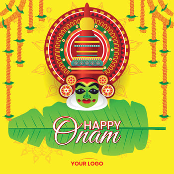 Vibrant Onam Greeting Banner with Kathakali Mask and Marigold Garlands vector