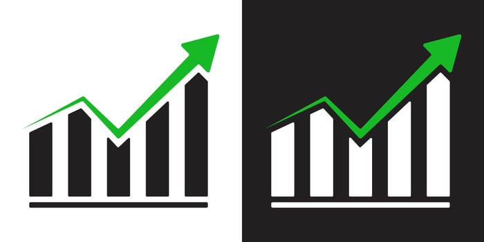 Set of growing bar graph icon illustration with green increase arrows vector