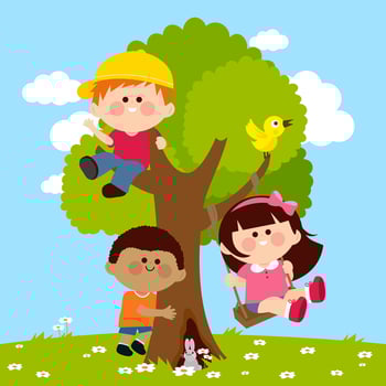 Children playing outdoors in the backyard and climbing on a tree. A girl is happily playing on a swing. Boys and girls play on a tree in the garden. Kids in the park playground play in nature. vector