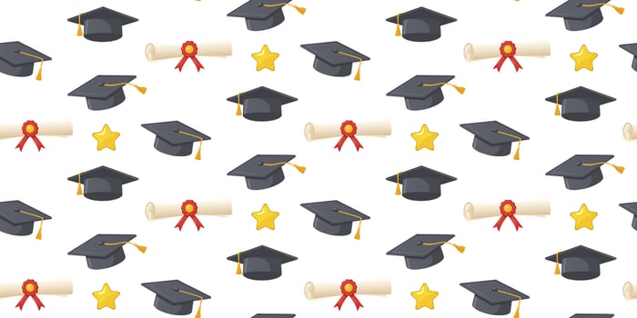 Seamless pattern with graduation caps, diplomas with red ribbons and gold stars. Template for use in educational designs, graduation announcements, and celebratory projects. vector