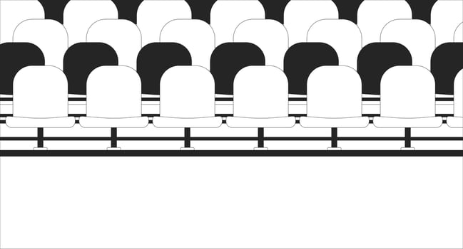 Stadium bleachers empty black and white line illustration. Football grandstands 2D interior monochrome backdrop. Arena tribune. Sports soccer field seating. Baseball stadium seats outline vector