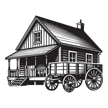 Homestead Silhouette, Farming Scene clipart - Rustic Farmhouse with Wagon illustration in black and white vector