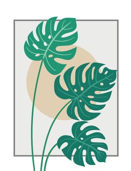 Abstract monstera leaves plant poster. Modern tropical leaf with minimal elements background. vector
