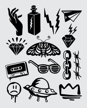 Icon tattoo ink set collection streetwear t shirt fashion illustration mystical symbol design sticker print art isolated editable vector