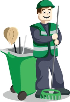 Cartoon of urban cleaning worker with cleaning equipment, isolated illustration for advertising poster vector