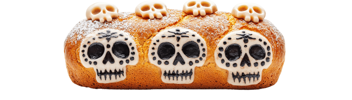 A festive bread featuring decorative skulls, perfect for celebrating Halloween or Dia de los Muertos. png