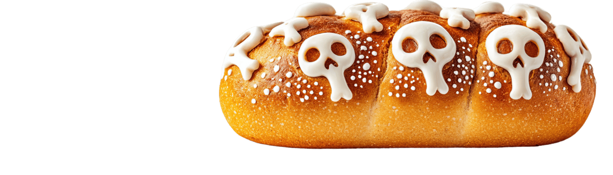 A creatively designed Halloween bread topped with skull decorations, perfect for festive celebrations and seasonal culinary treats. png