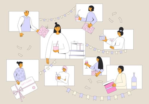 Party online. Celebrate an important date together from afar. Anniversary remote. Call family holiday event. Congratulation for young woman. Virtual friends meeting greeting card. vector