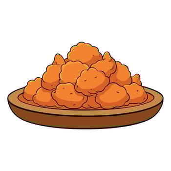 A Pile of Fried Food on a Wooden Plate. A wooden plate holds a mound of fried food. showcasing a mou vector
