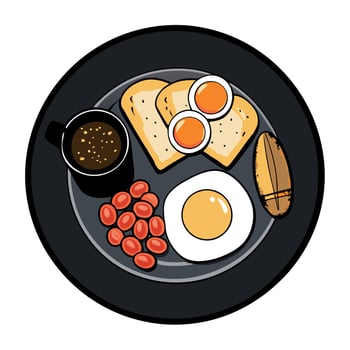 Full English breakfast on a plate with fried eggs. sausages. bacon. beans. toasts and coffee on dark vector