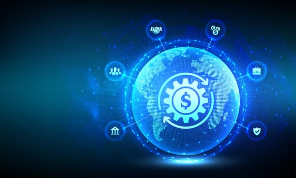 Fintech. Financial technology. Global online banking and crowdfunding. Business investment banking payment technology concept. World map point line composition. Earth planet globe. vector