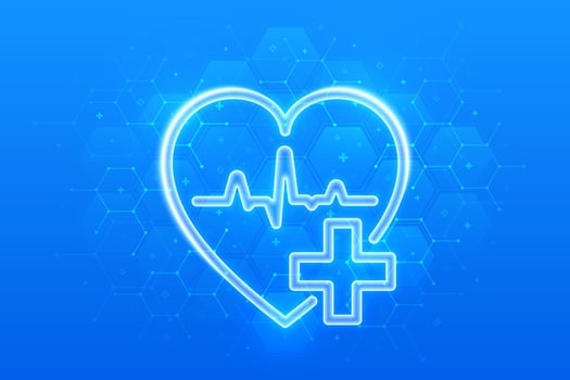 Healthcare. Health insurance. Heart with cross and heartbeat icon on blue medical background with hexagons. Health Care and Medical services banner. Molecular structure. illustration. vector