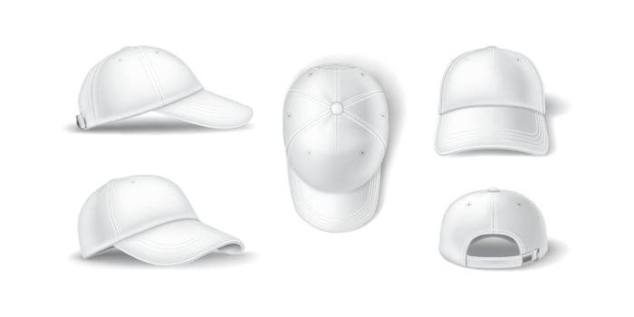 Logo baseball cap various perspectives realistic illustration set. Hat clothing accessories with mockup 3d models on white background vector
