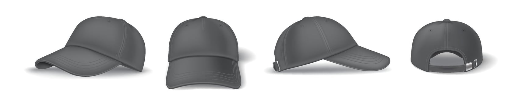 Casual black baseball cap mockup template realistic illustration set. Head clothing with brand template 3d models on white background vector