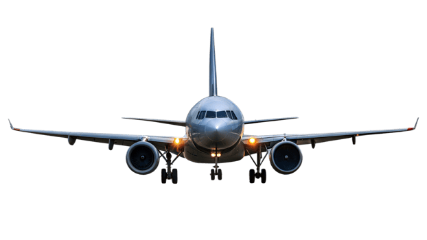 Commercial airplane in flight, viewed from the front, ready for takeoff png