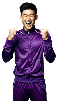 Excited young Asian man in purple tracksuit, celebrating with fists raised in joy png