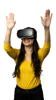 Young woman wearing a VR headset, smiling with arms raised, enjoying the virtual experience png