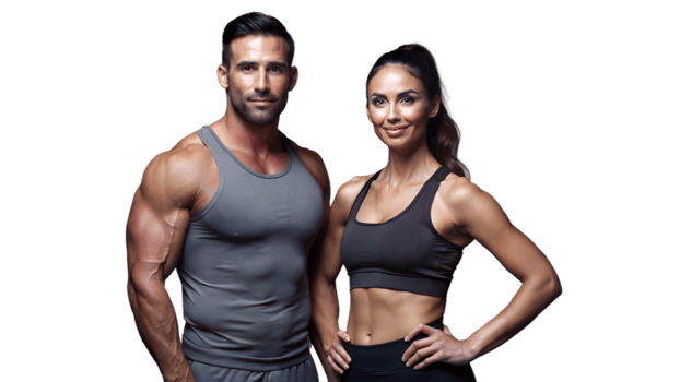 Fit couple in sportswear, confidently posing together and showing off their toned physiques png