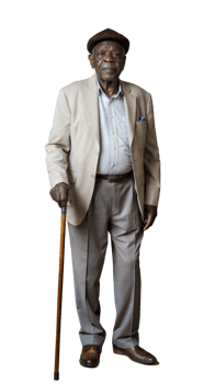 Elderly Black man in a suit with a cane, standing with confidence and dignity png