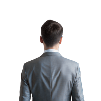 Man in a gray suit seen from the back, facing a transparent background png