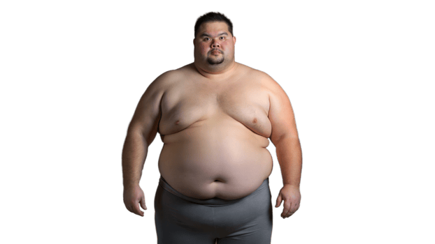 Obese man standing confidently, shirtless, on a transparent background png